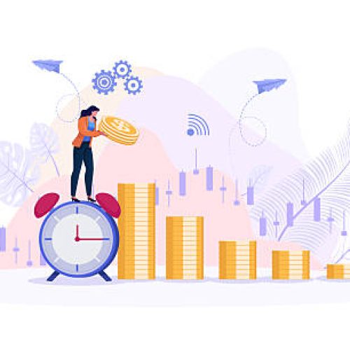 Businessman standing on alarm clock putting dollar coin, symbol of long term investing, savings for retirement fund, compound interest growth, tax time reminder, financial planning, and wealth accumulation strategy